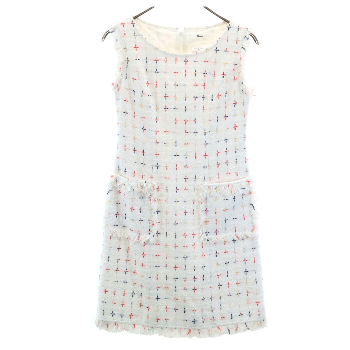 Rene ルネ 日本製 ノースリーブ ツイード ドレス ワンピース 34 ホワイト系 レディース 古着