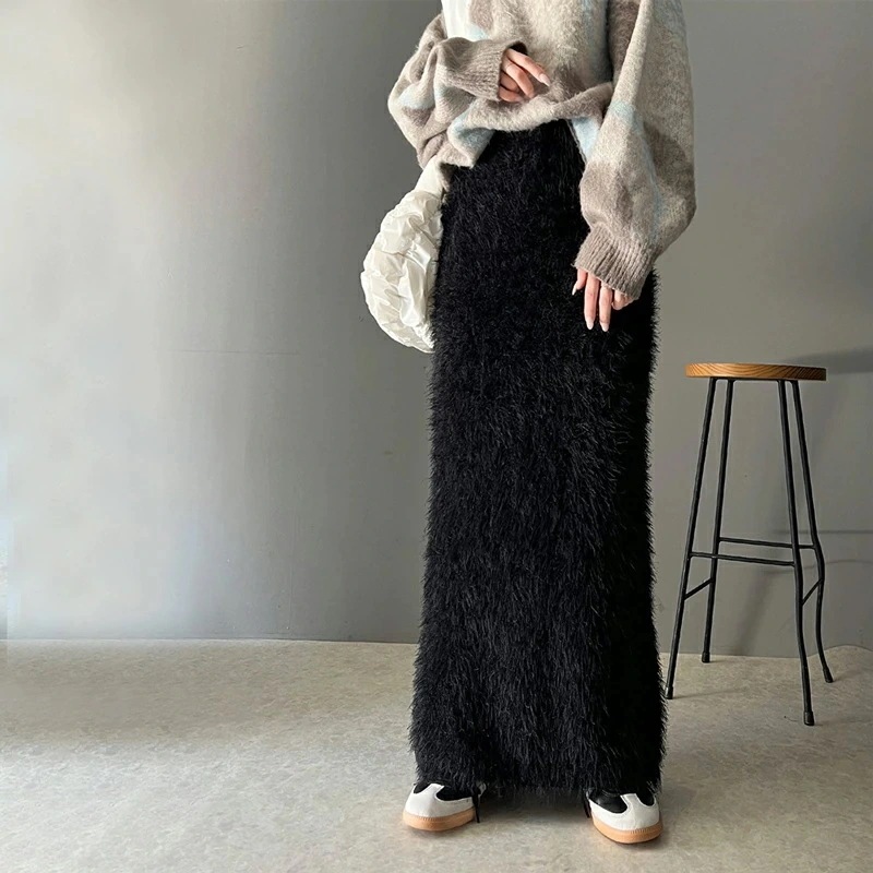 ボトムス スカート レディース 長め シャギー ニット タイト ロングスカート バックスリット ゆるっと オーバーサイズ スタイルアップ 着回し きれいめ 大きいサイズ