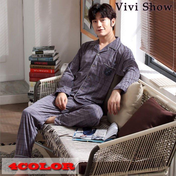 ストライプメンズパジャマセットアップ上下紳士用長袖ルームウェアカジュアル