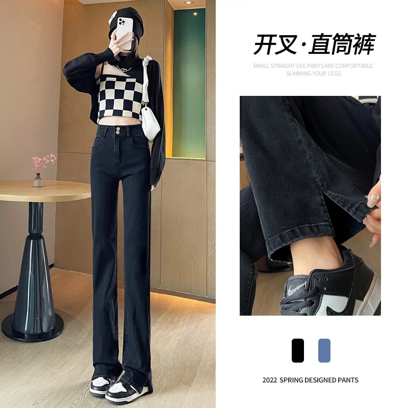 ストレートジーンズ 女性 ゆったり 新作 秋 ハイウエスト 薄l手 黒 オープン ワイドパンツ 薄い部分 女性 ズボン