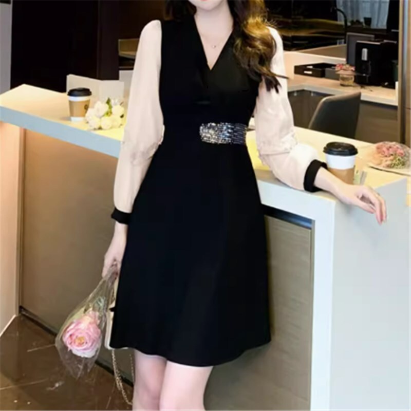 ドレス パーティドレス 二次会ドレス ミニドレス ミニ ミニ丈 ロング ロング丈 袖あり 長袖 ランタンスリープ Vネック Aライン ハイウエスト かわいい 大人可愛い きれいめ シンプル 大人 上品