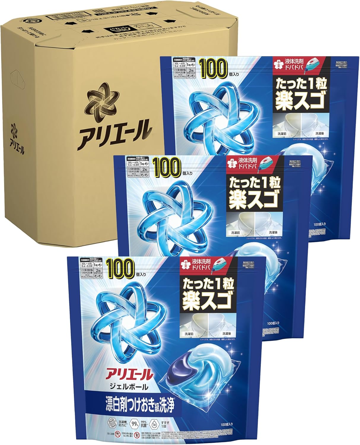 アリエール 洗濯洗剤 ジェルボール プロ 漂白剤つけおき級洗浄 清潔でさわやかな香り 詰め替え 100個ｘ3袋 大容量 ケース品 9,644円
