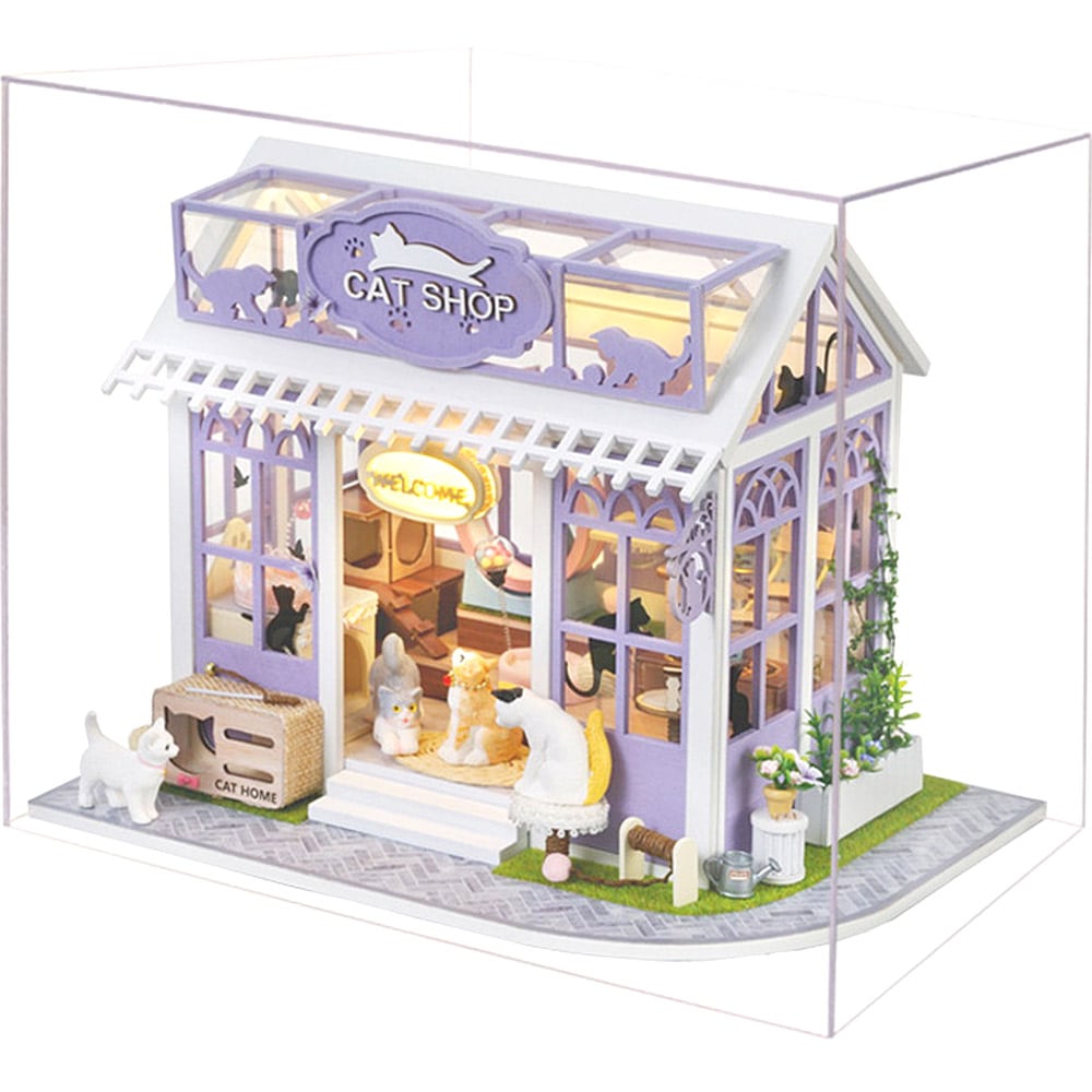 ドールハウス ミニチュア 手作りキット セットペットショップ 1/24 スケール 英語説明書 パープル 猫 カフェLEDライト+オルゴール（カノン）+アクリルケース 5,611円