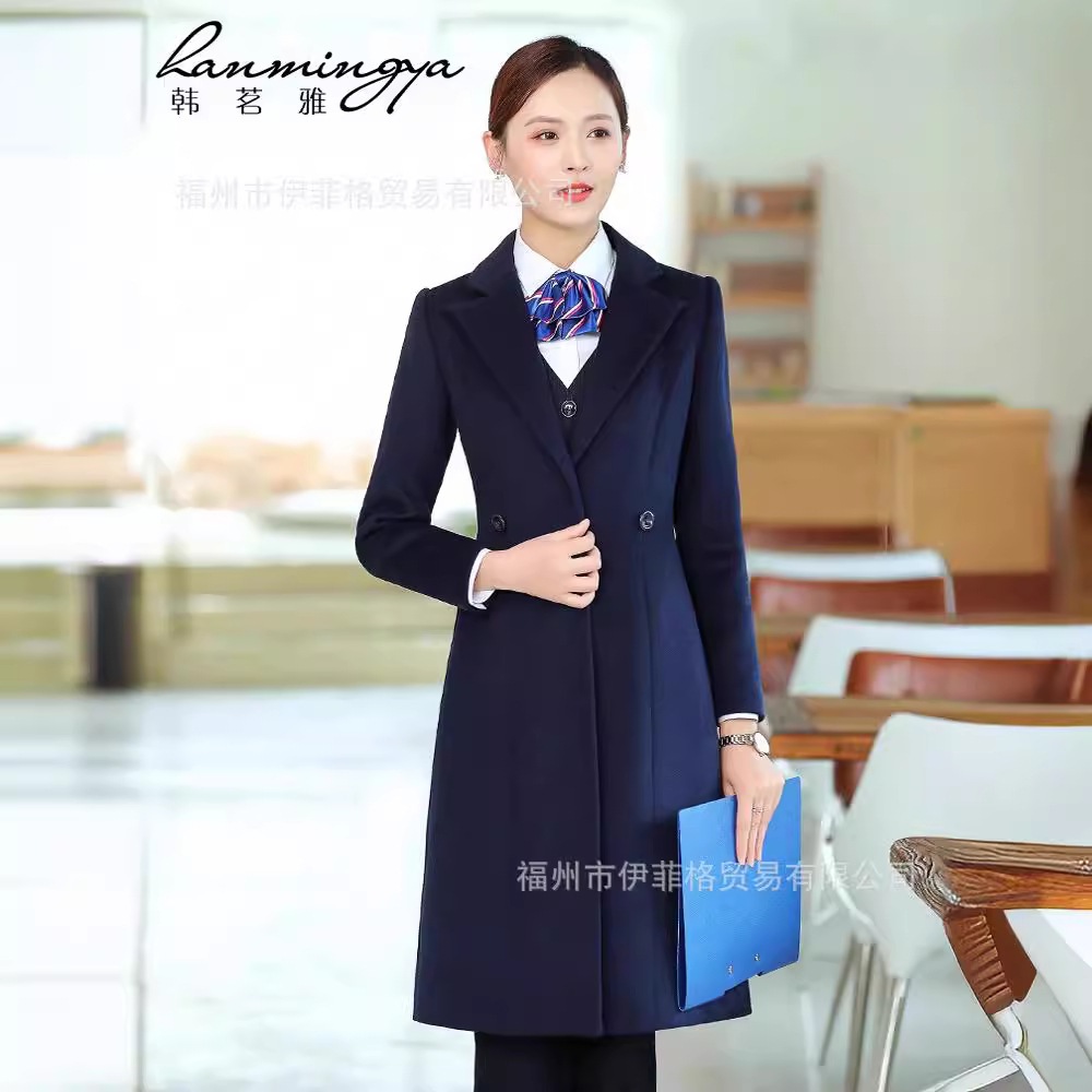 レディース作業服ウールコート2024冬ミドル丈厚手のフロントデスクプロフェッショナルウールコートジュエリーストア作業服