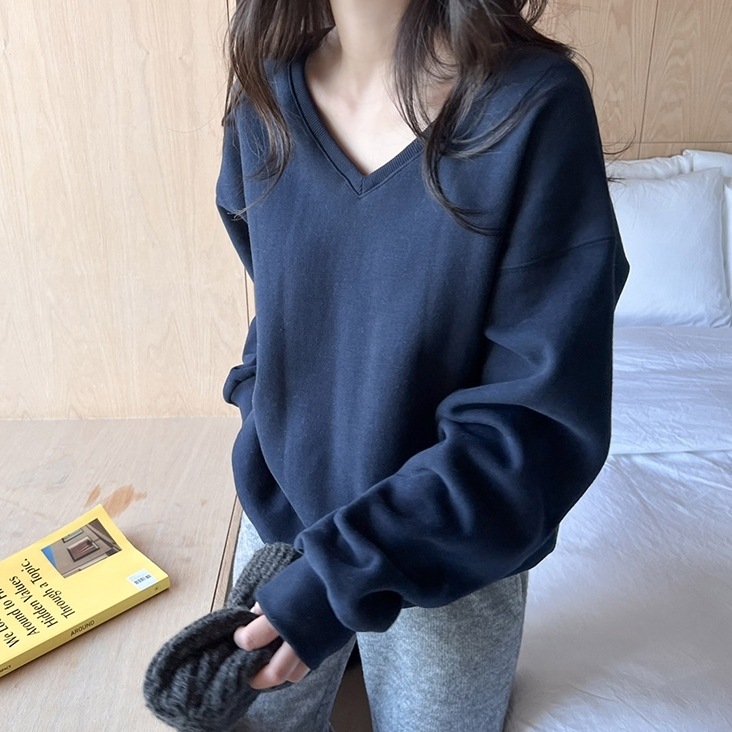 トレーナー スウェット トップス Vネック 無地 ドロップショルダー 長袖 パフスリーブ 大人可愛い 上品 お洒落 こなれ感 無地 通学 デート