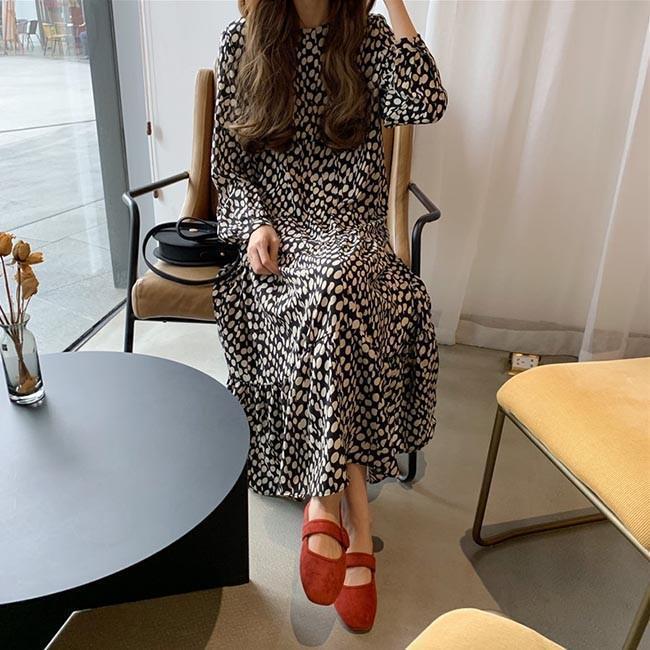 春 夏 ワンピース 長袖 ロングワンピ 水玉柄 マキシ丈ワンピース レディース 長袖ワンピース 柄ワンピ ドット柄 ドレス 春秋 夏 レトロ お洒落