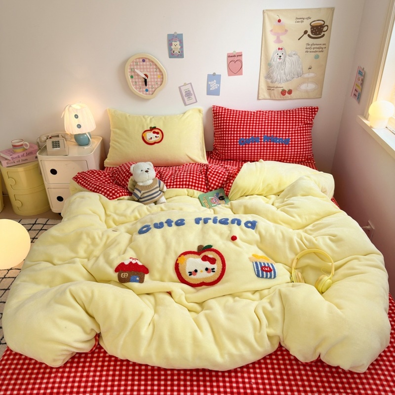 キュートでガーリーなインスタイルのミルクフリース刺繍入り冬用暖かいフランネルコーラルフリース布団カバー4点とベッドシーツ3点セット