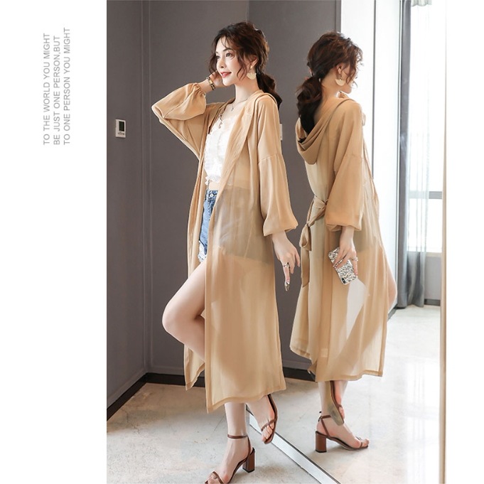 アウター シフォンカーディガン ショール 日焼け止め 膝下 ミディアム丈 ボリューム袖 パフスリーブ