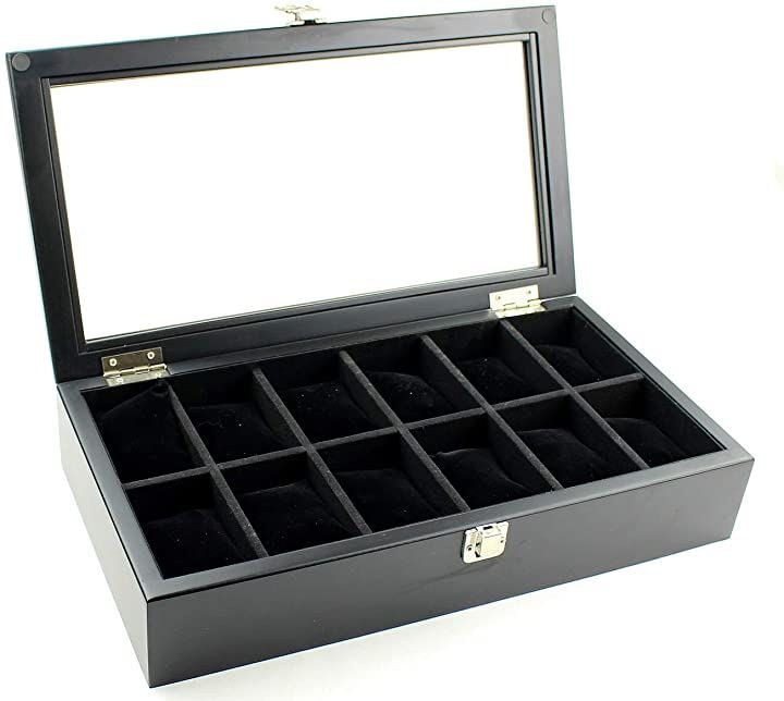 高級 木製 腕時計 収納 ボックス 12本用 ガラス窓付き コレクション ウォッチ ケース ディスプレイ AT50(12本用/ブラック)