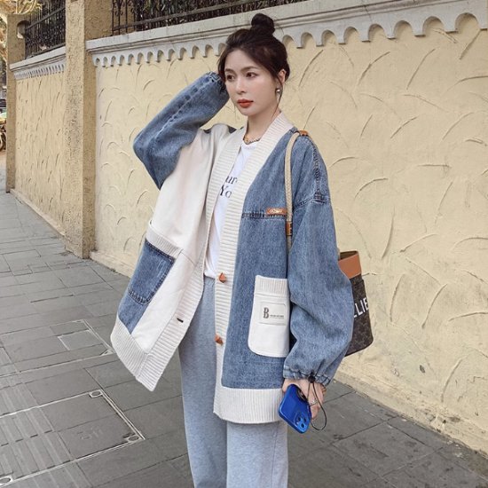 デニムジャケット レディース アウター 羽織 カーディガン レザー 異素材ミックス ルーズ 長袖 個性的 フロントボタン Ｖネック ポケット カジュアル お出かけ おしゃれ ファッション