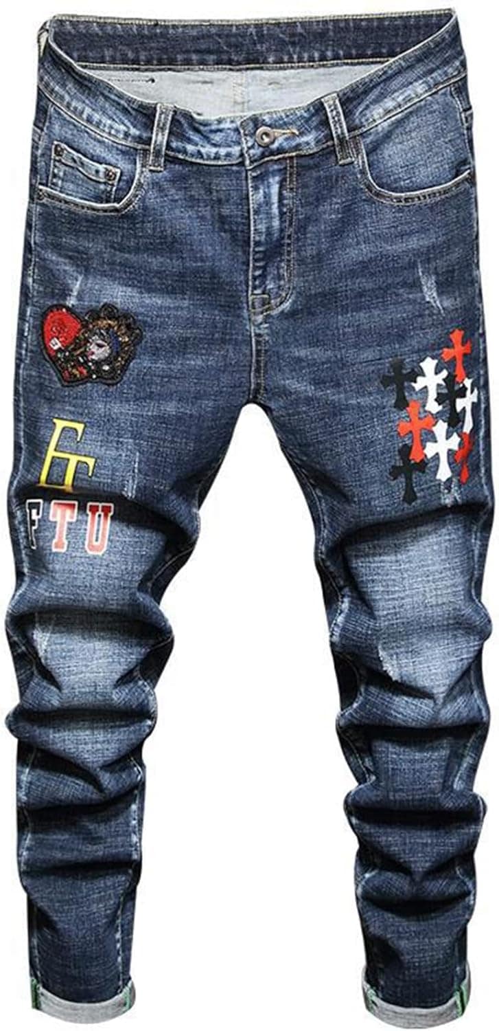 ジーンズ デニムパンツ 細見 スキニーパンツ メンズ ロングパンツ 十字架 パンク系 ダメージ加工 大人 男子 レギュラー ストリート hiphop系 秋物 秋冬 バイカージーンズ 軽量 ファッション