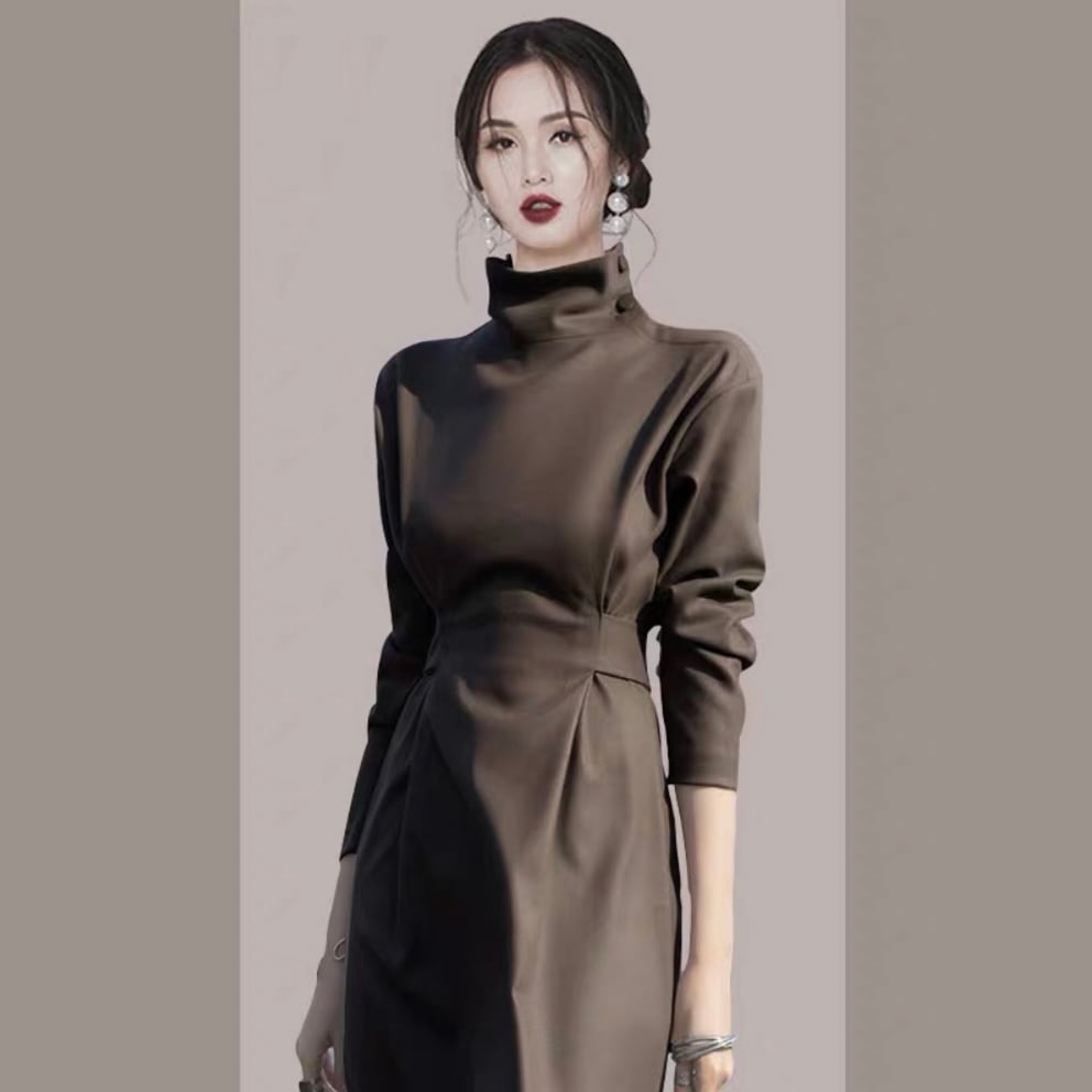 レディース ワンピース ワンピドレス ロング ロング丈 長袖 タートルネック 細身 ストレート