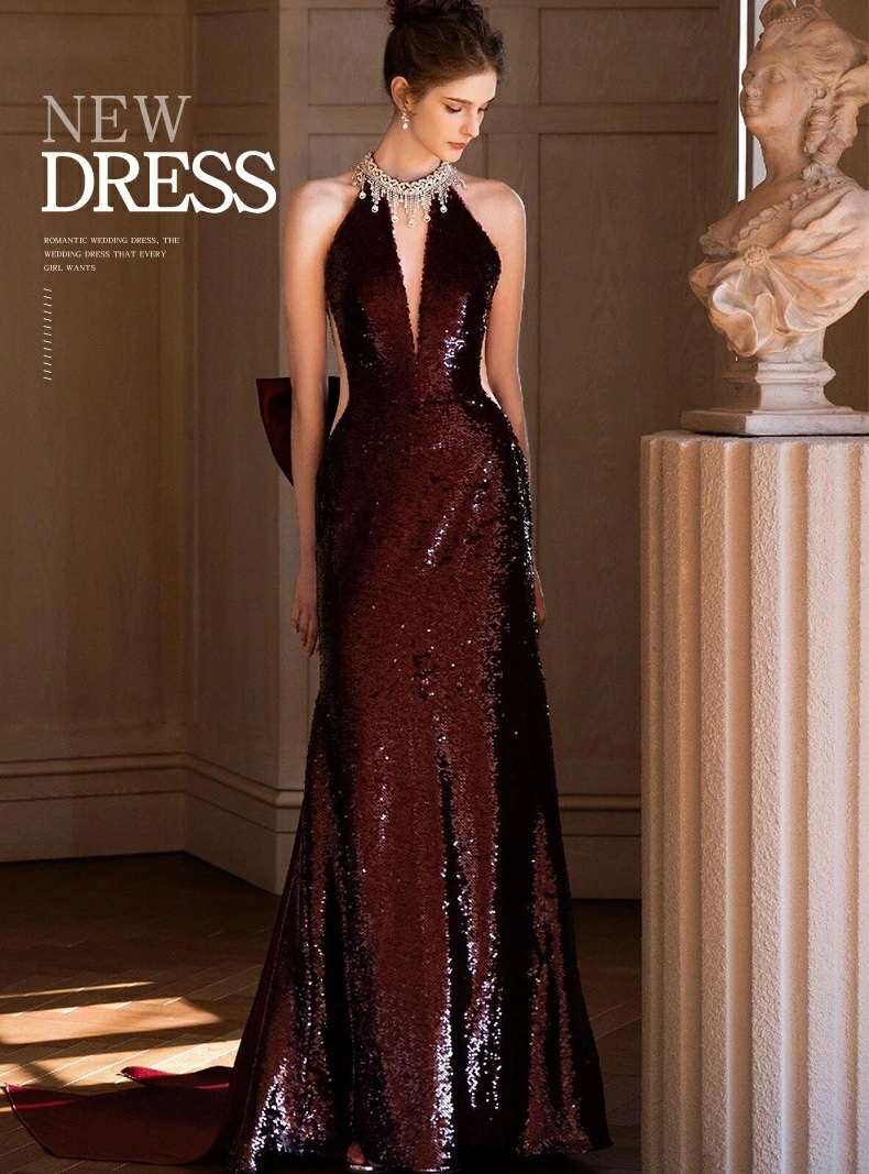 お財布に優しいレディースドレス 高級感 エレガントドレス 礼服 司会 お呼ばれ ウェディングドレス ディープVネック ホルターネック おしゃれ ワイン ロングドレス 着痩せ スパンコール 編み上げ 結