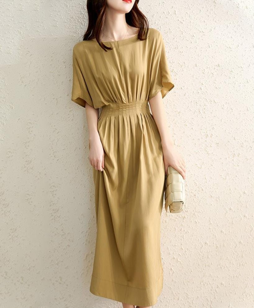 【2枚購入で100円OFF】夏物　　レディース ワンピース　ドレス　ゆったり フォーマル フレア　卒業式 入学式　 通勤 大人　女子会 　丸首　細身　ミドル　　普段　ポケット付き