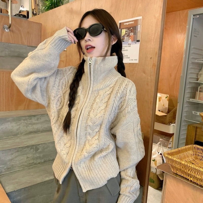 カーディガン レディース トップス ニット 長袖 タートルネック ジッパー 前開き ニット ルーズ 大人可愛い きれいめ シンプル 上品 お洒落 かっこいい オルチャン 20代 デート ゆったり ママ