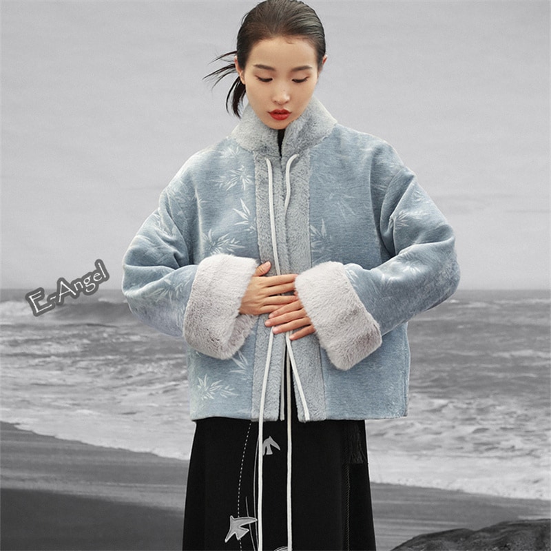 アウター レディース もこもこ 冬 青 暖かい 厚手 チャイナ風 モフモフコート ライトブルー ハイネック スタンドカラーコート シェニール ショート丈 竹葉エンボス 合わせやすい 高級感