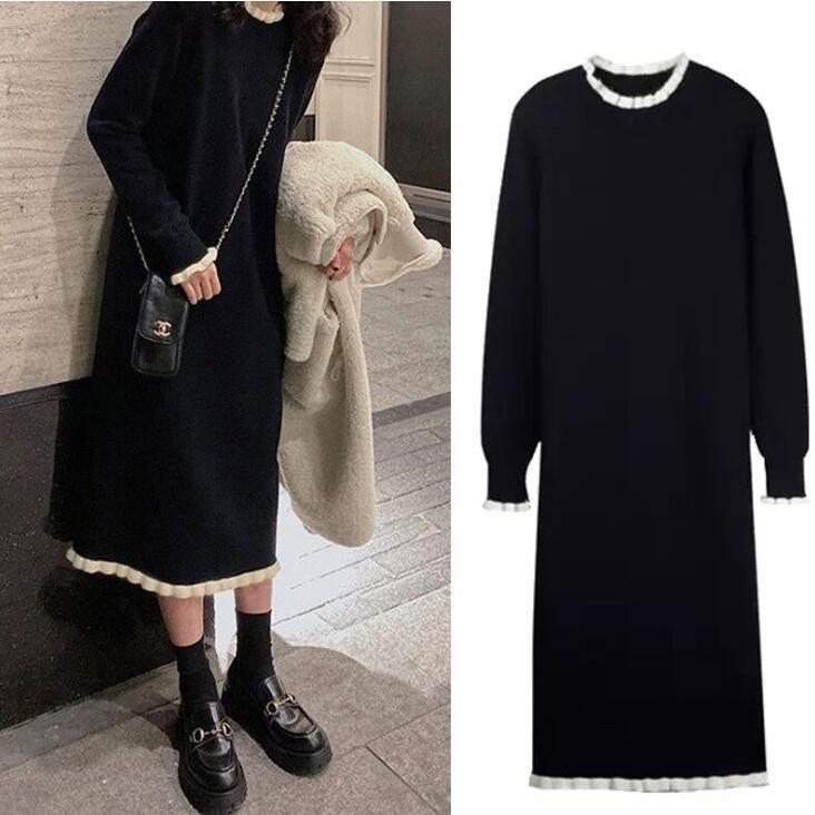 ニットワンピース ワンピース レディース ロング 膝下 春 秋 冬 長袖 フリル袖 おしゃれ きれいめ ゆったり かわいい 着やせ 20代 30代 40代