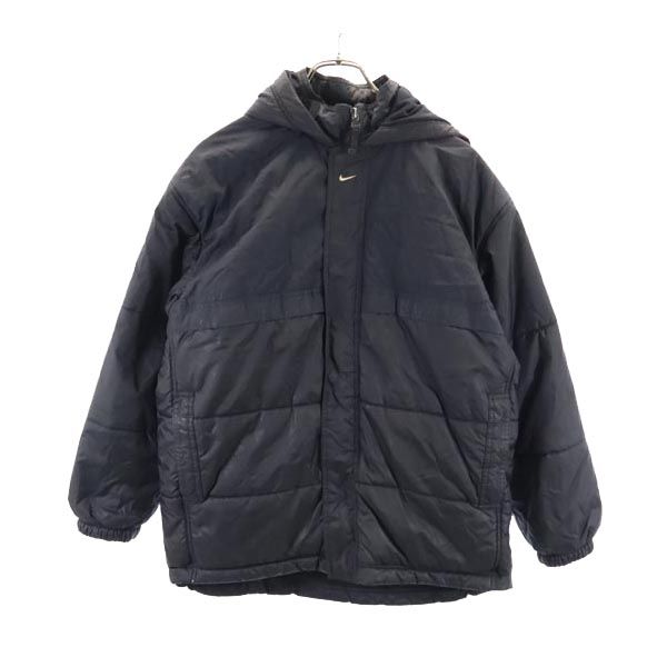 90s 00s 白タグ オールド ナイロン 中綿ジャケット L（14-16） ブラック 裏メッシュ ロゴ刺繍 キッズ