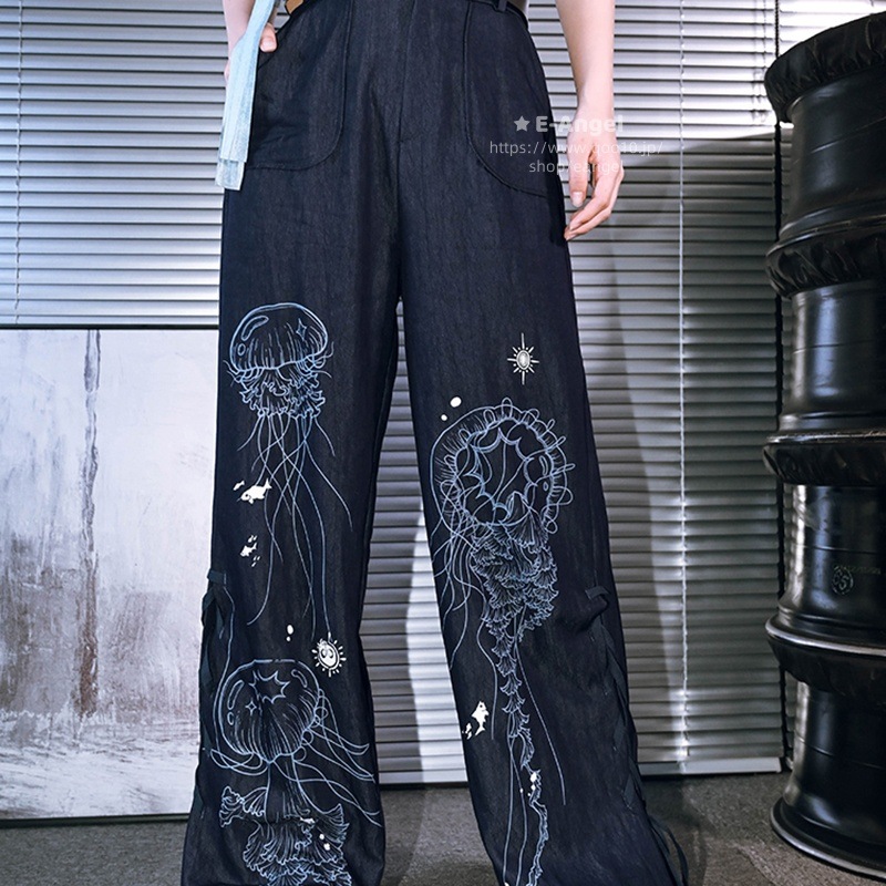 ワイドパンツ レディース 夏 真似ジーンズ 冷感 真似デニムパンツ きれいめ クラゲ柄 チャイナ風ズボン ロング 薄手 飄逸 個性