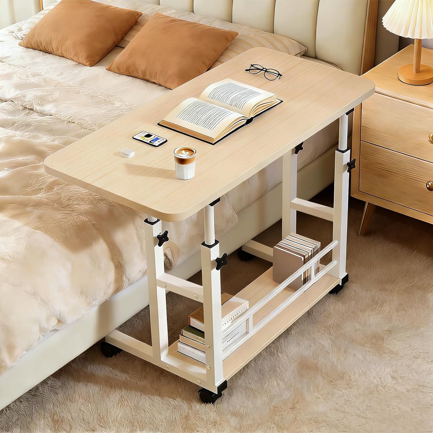 昇降式サイドテーブル 高さ調節60cmから90cm 2段収納 角丸デザイン メープル色 60×40cm