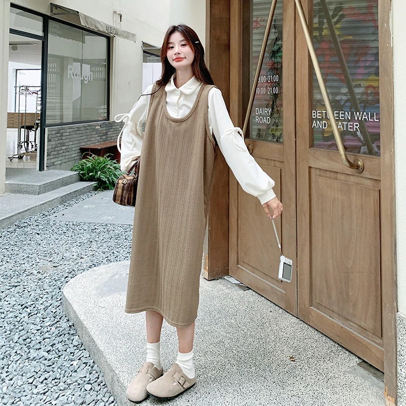 ゆったりとした甘い老化薄いベストワンピースホワイトボトムシャツワンピース新しいカジュアルなツーピースドレス