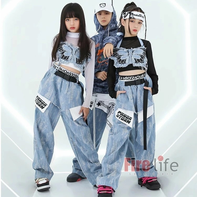 キッズダンス衣装 派手 チアガール セットアップ ヒップホップ jazz 蝶トップス 網 個性的 タイダイ柄パーカー デニムパンツ ゆったりめ ジュニアドラムダンス 応援団 団体服 発表会 ステージ衣