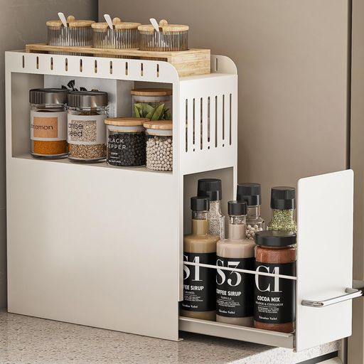 隠せる調味料ラック 2段 調味料ラック台所用 大容量 引き出し式 コンロ横 キッチンラック 調味料 スパイス ボトル 省スペース大型 キッチン収納 幅14.5X奥行36X高さ42.5CM (ホワイト)
