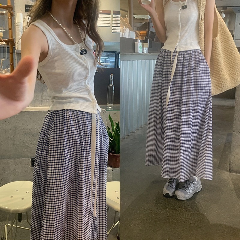 ひんやりボトムス ロングスカート プリーツスカートチェック ハイウエスト 夏 ドローストリング 着痩せ ドレープ感 体型カバー  シンプル おしゃれ 汎用性が高い 福袋