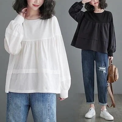 新作 Tシャツカットソー春無地トップス長袖ブラウスTシャツゆとりA上着大きいサイズスウエット丸ネック着痩せマタニティYY