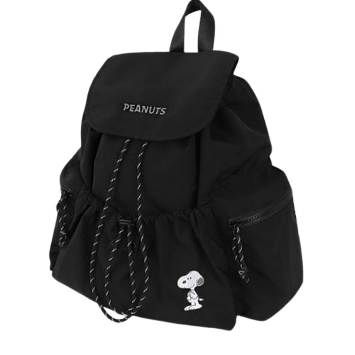 スヌーピー ストリング バックパック ブラック かわいいキャラクター刺繍入りリュック
