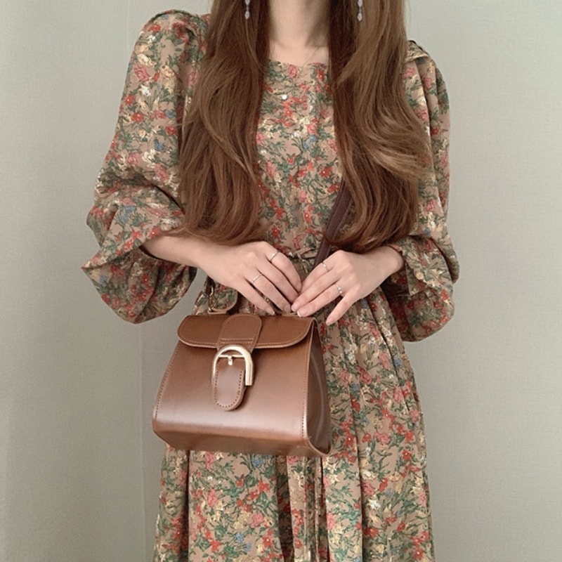 ワンピース ロング丈 ストレートライン袖あり パフスリーブ 長袖 スクエアネック スリム ウエストリボン フリーサイズ ブラウン 個性的 花柄 春 秋 冬 デート お出かけ レディース 女性用その他 ワンピース・ドレス
