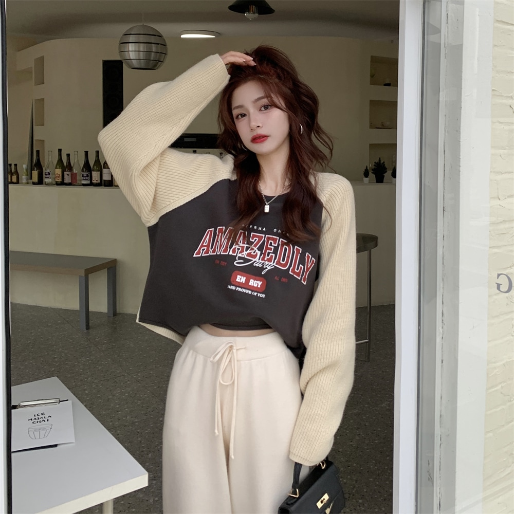 ニットソー 袖あり 長袖 レディース 個性的 Iライン 切り替えデザイン ドッキング ケーブルニット 異素材MIX 大人 可愛い カジュアル おしゃれ 秋 ボーイッシュ クール お出かけ イベント