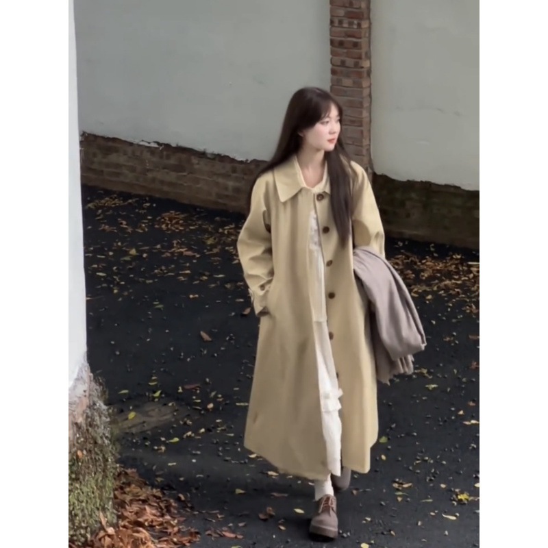 ミニマリストスタイルの女の子韓国ラペルウインドブレーカー女性の秋と冬の新しいカーキハイプロファイルミッドレングス気質コート