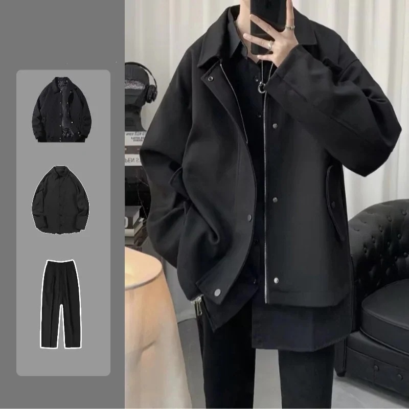 2024新作 おしゃれ 高級感 メンズセットアップ ショート ジャケット+長袖シャツ/Tシャツ+ロングズボン 3点セット カジュアル アウター