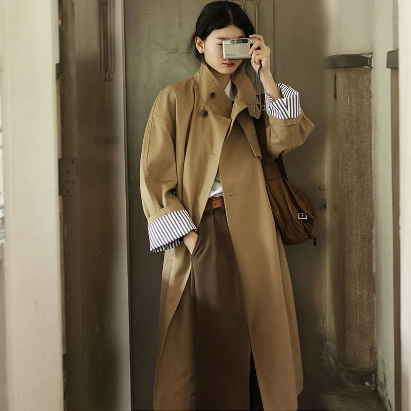トレンチコート ジャケット セミロング コート 立ち襟 コーデュロイ 秋新作 ゆったり 百掛け 高級感 快適 レディース 日韓 文芸風 レトロシンプル
