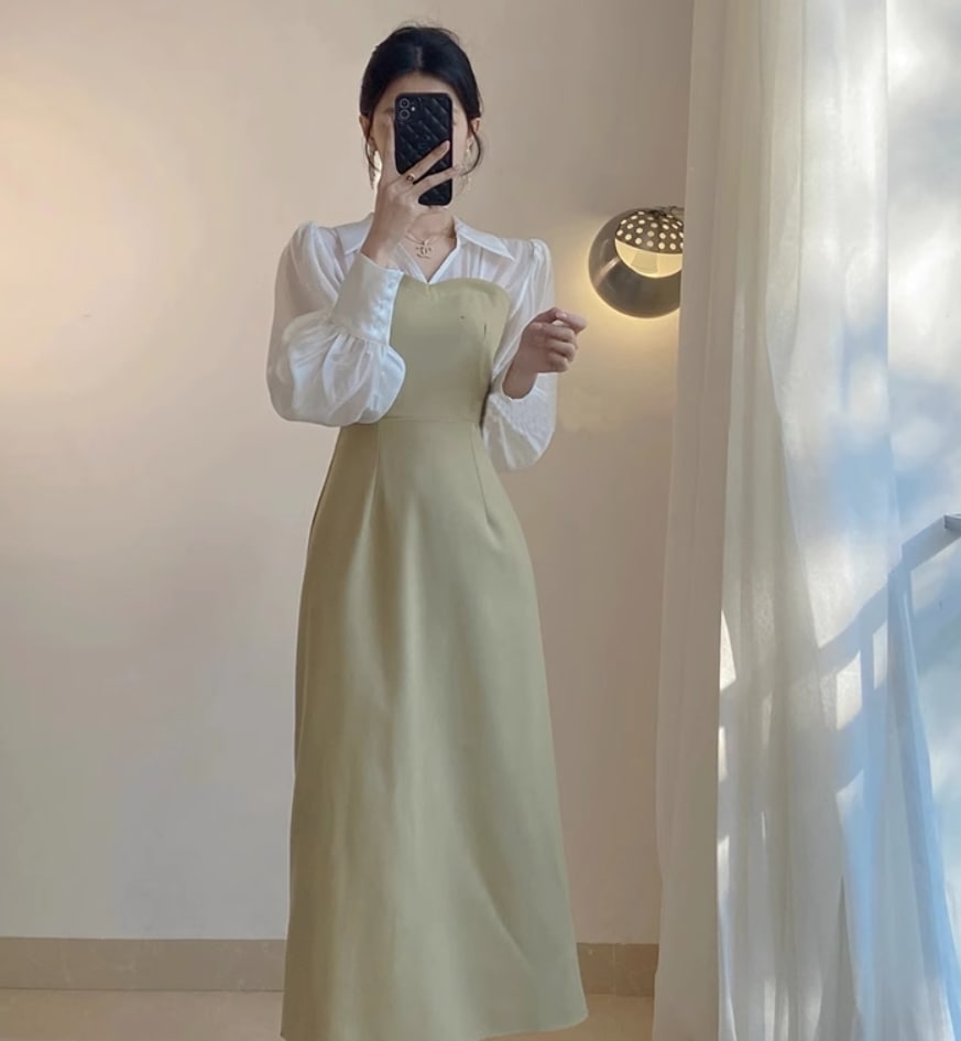 ワンピース デート モテアイテム ロングワンピース 長袖 レイヤード シャツ コットン 大人可愛い きれいめ 上品 おしゃれ かっこいい 大人可愛い ラブリー キュート ガーリー クール モード系