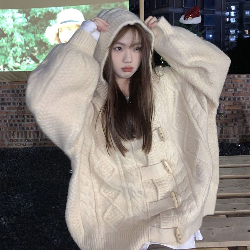 カーディガンあったかカシミヤタッチラウンドネックニットニットセーターフード付きセーターコート女厚手ニットセーターゆったり外着洋風けだるい風純色トップス