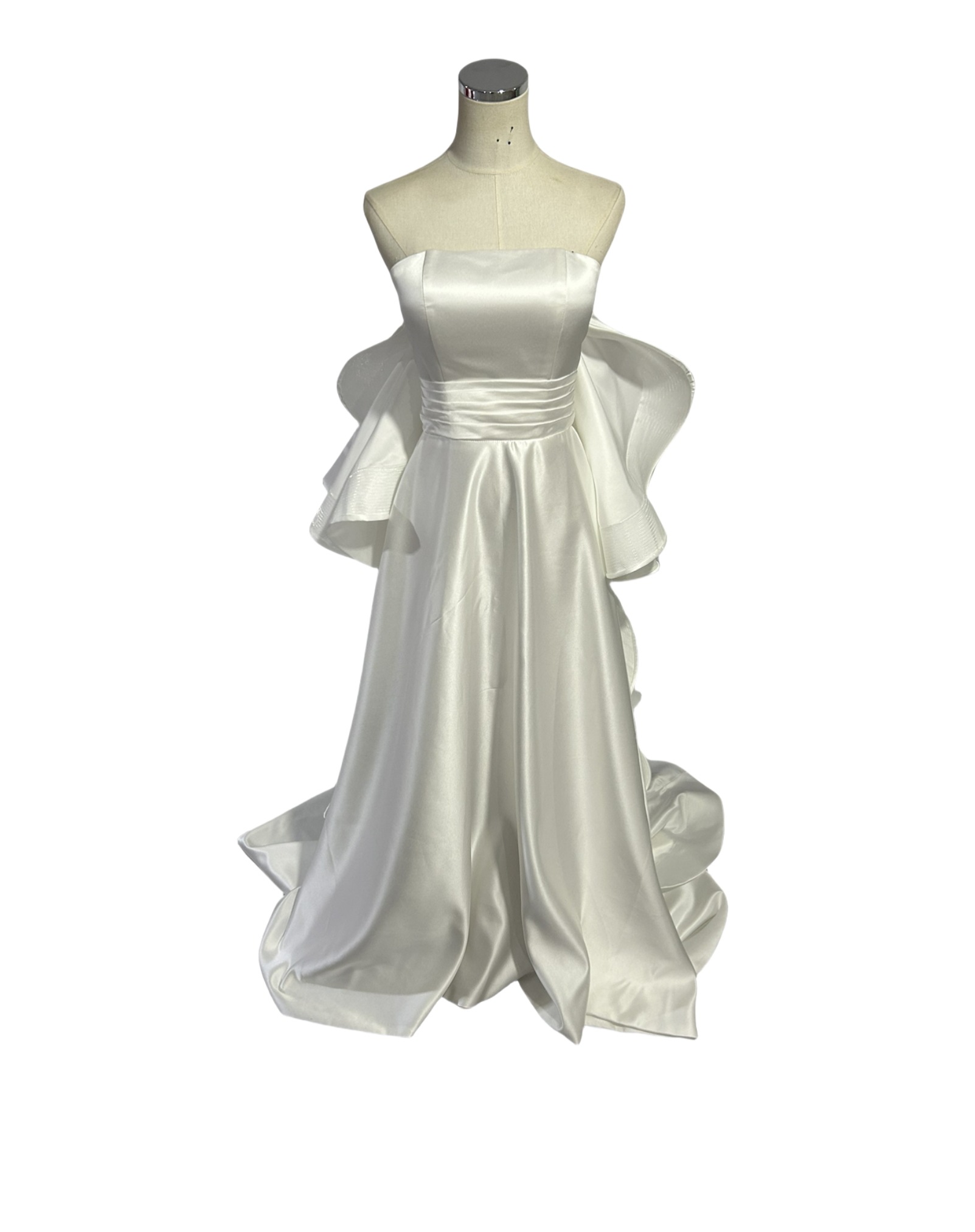 ウエディングドレス 光沢サテン ベアトップ ふっくら柔らかなバックリボン 細見えシルエット 拳式