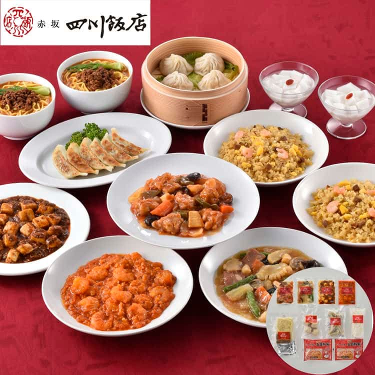 東京 「赤坂四川飯店」 陳建一監修 本格中華9種セット 餃子本格四川麻婆豆腐乾焼蝦仁（エビチリソース）本格八宝菜酢豚小籠包ふっくら五目炒飯担々麺セットザージャン（肉みそ）杏仁豆腐 お歳暮 お中元 お土