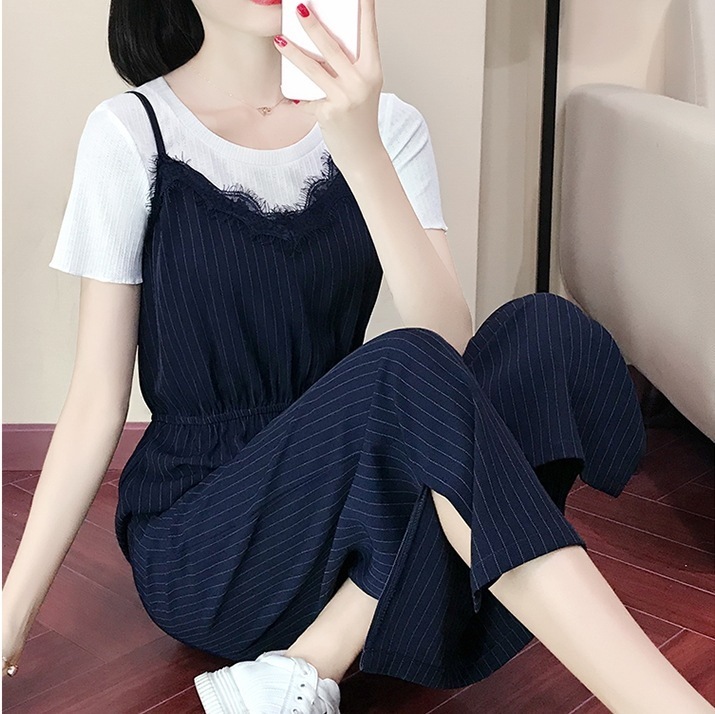 2点セットアップ ストライプ柄セットアップ サスペンダーパンツ カジュアルセット トップス ボトムス ワンピース セットアップ Tシャツ シャツ プルオーバー オールインワン サロペット 白シャツ