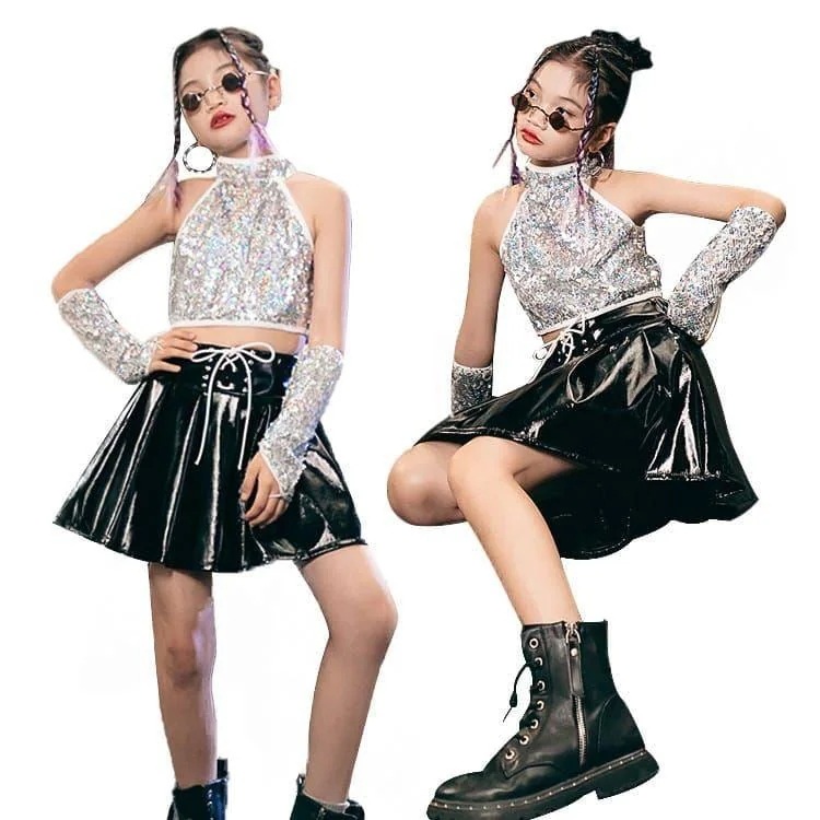 風格が独特スパンコール 衣装 演出服 ガールズ キッズダンス衣装 女の子 セットアップ スカート 子供服 ステージ 衣装 jazz へそ出し ダンス 衣装 k-pop こども服 おしゃれ