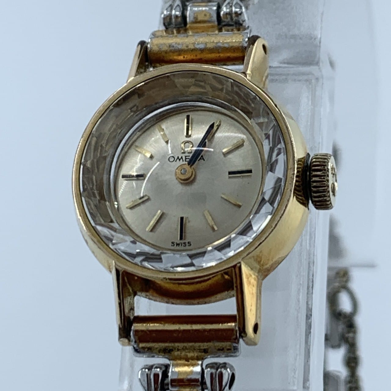 稼働品 美品 511.166 手巻き ダイヤモンド カットガラス シャンパンゴールド文字盤 シルバー コンビカラー 社外ベルト ステンレススチール 希少 レディース腕時計 防水表記無し 2針
