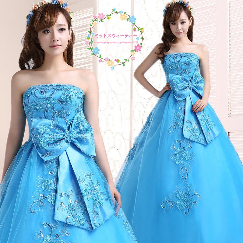 ウェディングドレス カラードレス 演奏会 青 安い パーティードレス 袖なし 披露宴 二次会 ロング