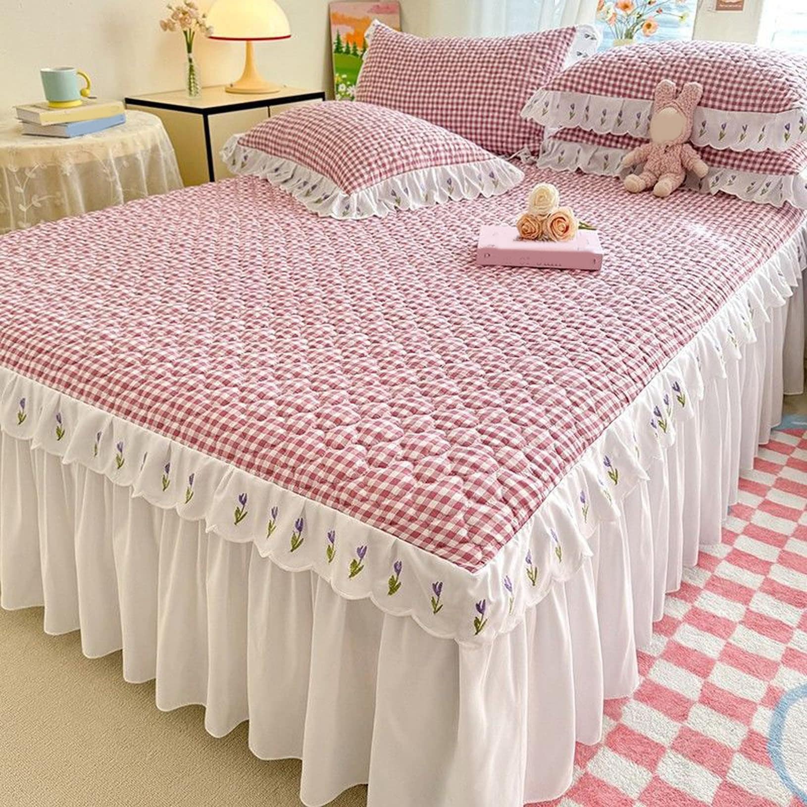 Fzigenle ベッドスカート 綿 キルティング マットレスカバー カラーb08 フリル付き 柔らかい 敷パッド一体型 キルティング 中綿 姫系 ズレ防止 A150*200 オールシーズン 春 夏