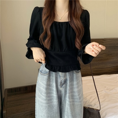 トップス ブラウス カットソー 袖あり 長袖 スクエアネック フリル ウエストマーク かわいい 大人可愛い お洒落 かっこいい レトロ ラブリー キュート ガーリー エレガント 無地 春 秋 10代