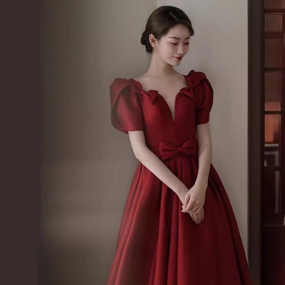 ワンピースドレスドレス乾杯服気質 高級感 お呼ばれ ドレス ドレス結婚式ドレス二次会ドレス新年会ド結婚式 花嫁 2025 サテン生地 レッド 着痩せ