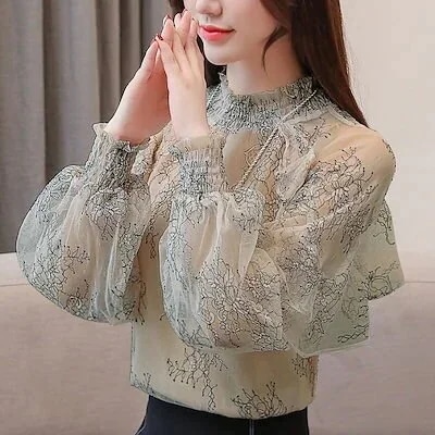 レースシャツボトミングスモールシャツレディース春韓国風ファッション長袖シフォンシャツトップフリル今日は30パーセント