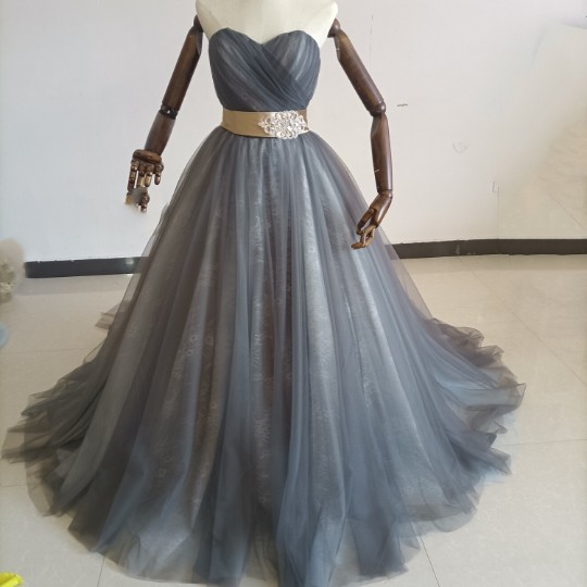 カラードレス ブルーグレー ソフトチュール ベアトップ 結婚式