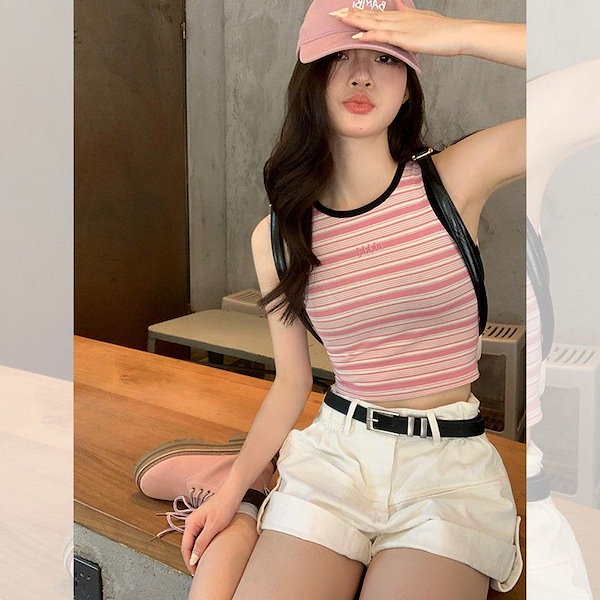 キャミソールの女性 Qoo10] ピンクのストライプキャミソール女性インナ