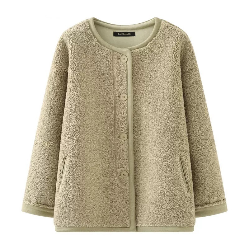 レディース ジャケット アウター 上着 ノーカラーコート ノーカラージャケット ボアジャケット 長袖 クルーネック ノーカラー ストレート Iライン ポケット 前開き ボタン かわいい 大人可愛い